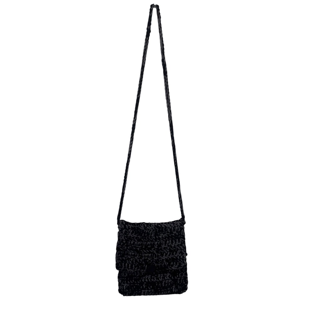 Hand Crochet Crossbody Purse Marled Black Grey Knit Shoulder Bag Button Closure